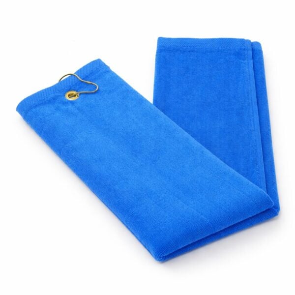 Wholesale royal blue terry velour tri-fold golf towels with grommet in 16 by 24 inch size