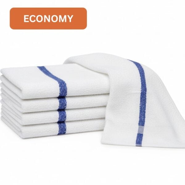 Blue-striped 24x48 economy bath towels for gym use