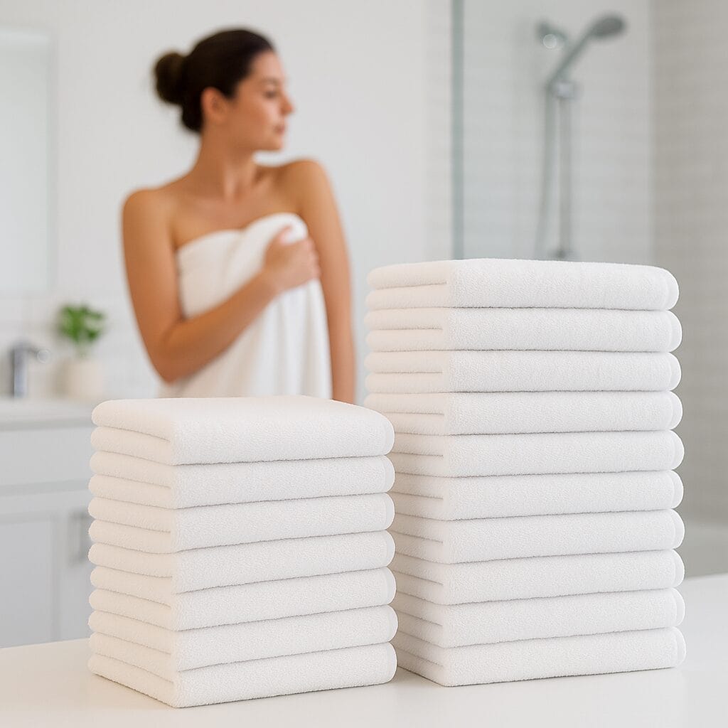 Absorbent white 22x44 bath towels made from 100% cotton