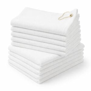 Wholesale white terry velour golf towels with corner grommet in 16 by 26 inch size