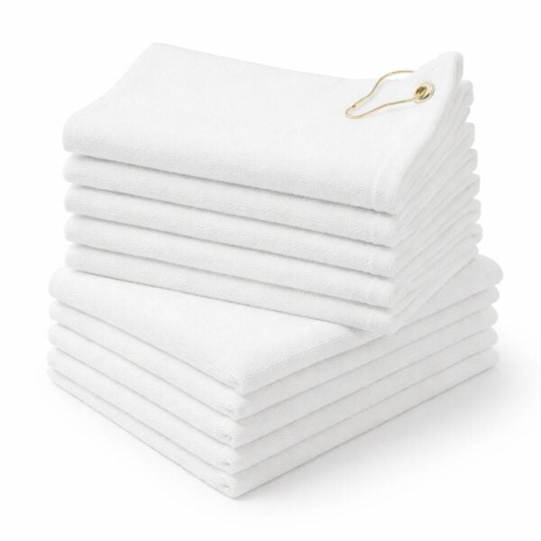 Wholesale white terry velour golf towels with corner grommet in 16 by 26 inch size
