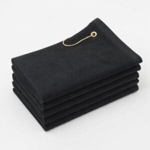 Wholesale black terry velour golf towels with corner grommet in 16 by 24 inch size