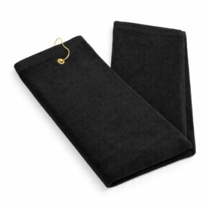 Wholesale black terry velour tri-fold golf towels with grommet in 16 by 24 inch size