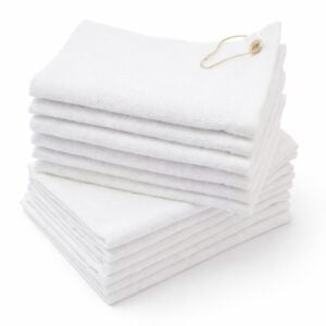 Wholesale white terry velour golf towels with corner grommet in 16 by 24 inch size
