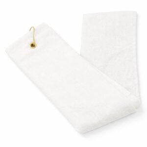 Wholesale white terry velour tri-fold golf towels with grommet in 16 by 24 inch size