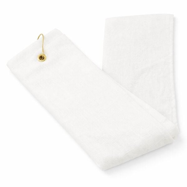 Wholesale white terry velour tri-fold golf towels with grommet in 16 by 24 inch size