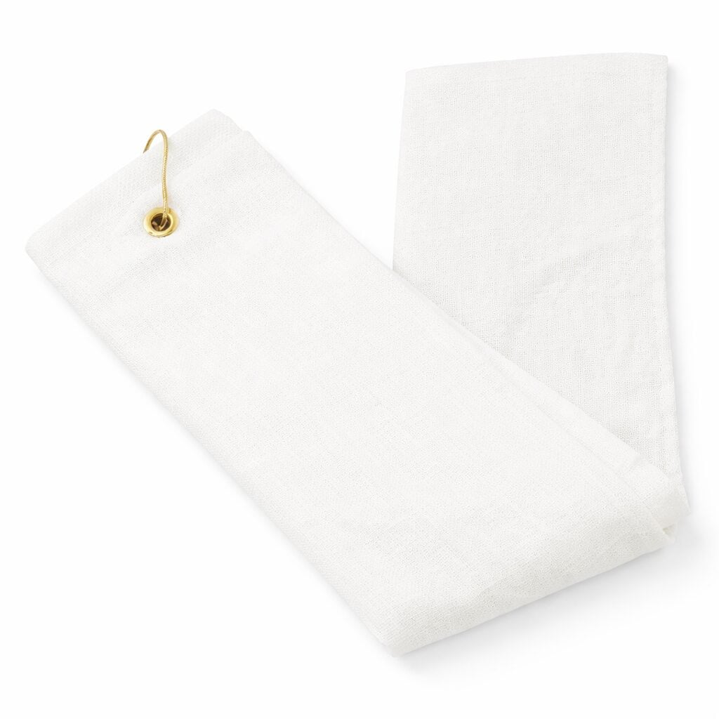 Wholesale white terry velour tri-fold golf towels with grommet in 16 by 24 inch size
