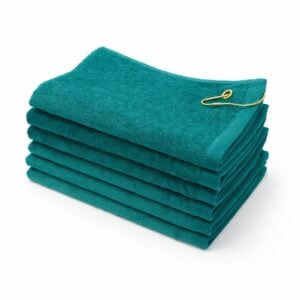 Bulk 16x24 hunter green golf towels in terry velour fabric featuring corner grommet and hook