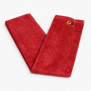 Wholesale burgundy terry velour tri-fold golf towels with grommet in 16 by 24 inch size