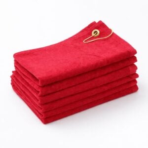 Wholesale red terry velour golf towels with corner grommet in 16 by 24 inch size with hook