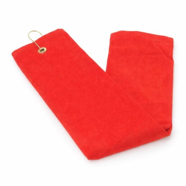 Wholesale red terry velour tri-fold golf towels with grommet in 16 by 24 inch size