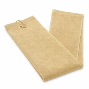 Bulk 16x24 beige tri-fold golf towels in terry velour fabric with metal grommet